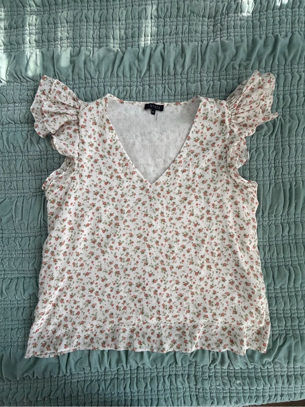1 State Cream V-Neck Flutter Sleeve Floral Blouse-XL